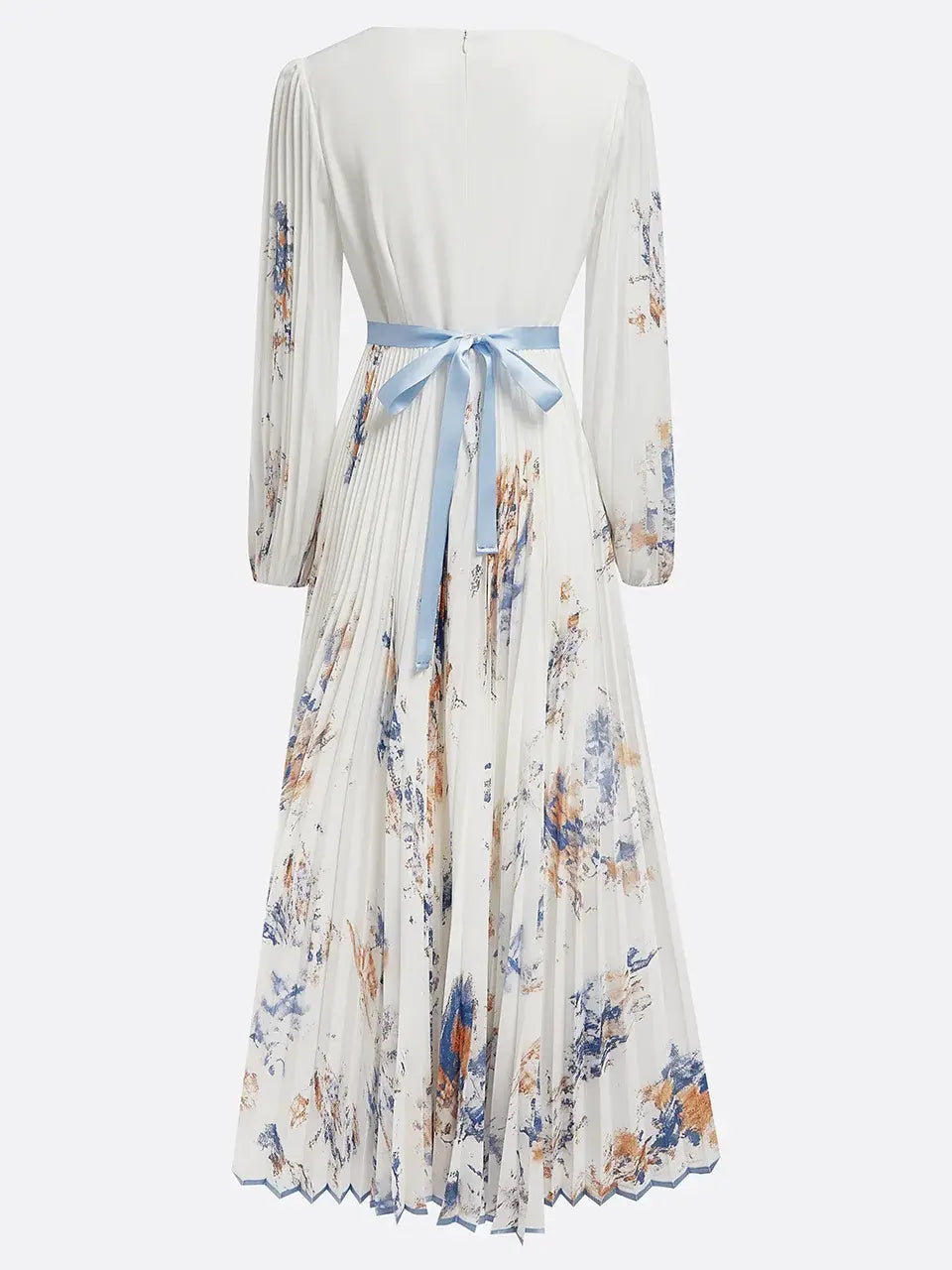 Weitese Dress White Pleated Chiffon V Neck  Prom Dress Floral Long Balloon Sleeve Flower Printed A-Line Maxi Dress